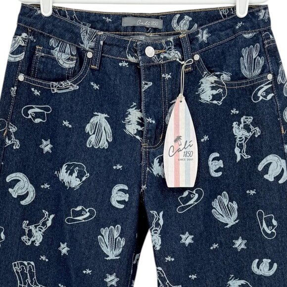 Cali 1850 Women's Wide Leg Mid Rise Western Print Blue Denim Jean Size 11/30 NWT - Picture 3 of 10